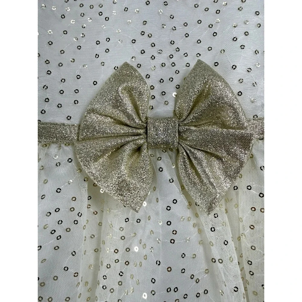 JONA MICHELLE‎ Dress Girls Size 12 Ivory/ White Gold Sequins Bow Holiday EUC